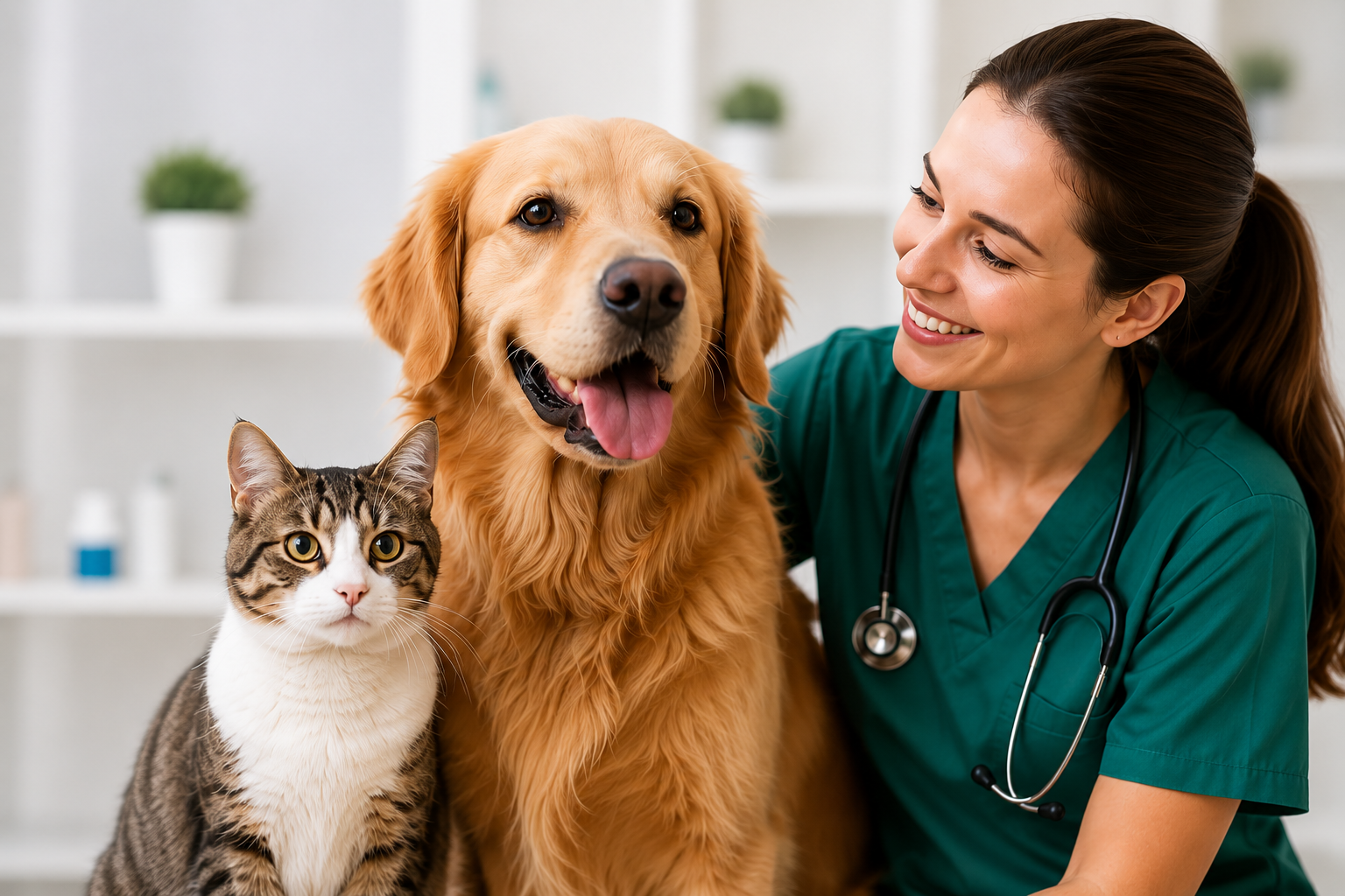 Veterinária sorrindo com cão golden retriever e gato